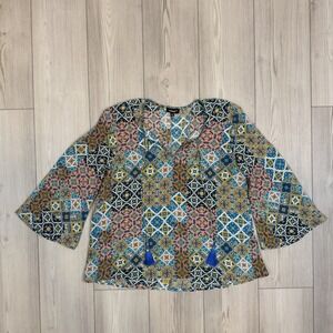 Tolani Size Medium 100% Silk Tassel Printed Blouse Geometric Boho